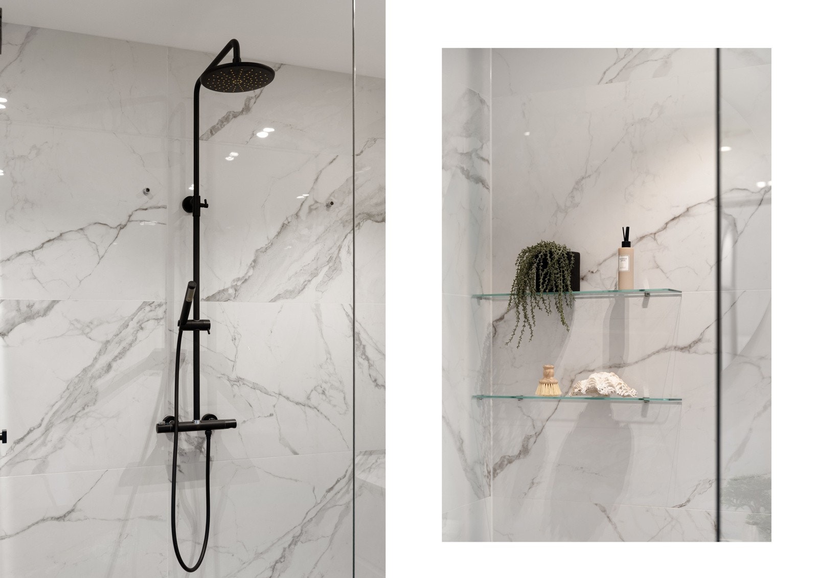 Badet er utstyrt med veggmontert toalett, dusjnisje med glassfelt og stilren servant. Galleribilde