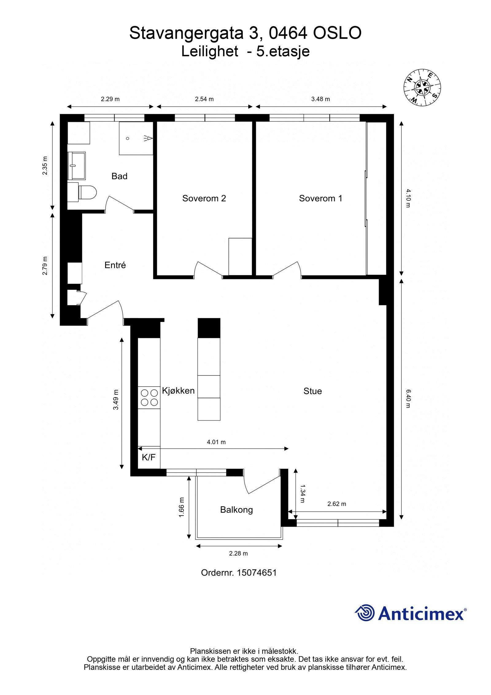 Plantegning 5. etasje. I tillegg disponerer leiligheten en loftsbod med gulvareal på ca. 16m², samt to kjellerboder på totalt ca. 10m². Galleribilde
