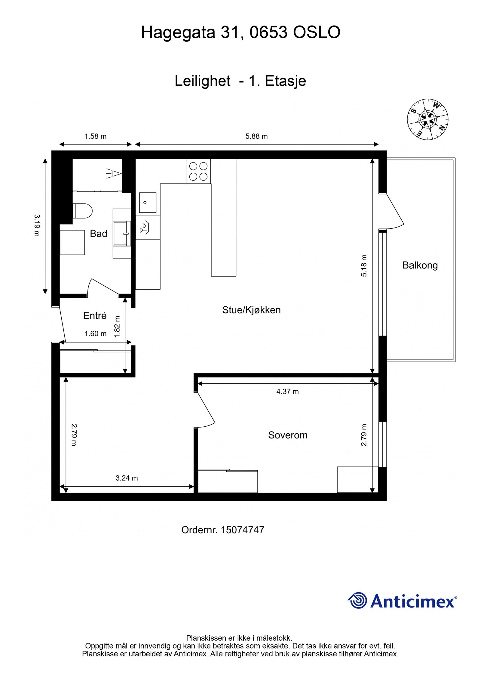 Plantegning. I tillegg disponerer leiligheten en kjellerbod på ca. 2m². Heis i bygget. Galleribilde