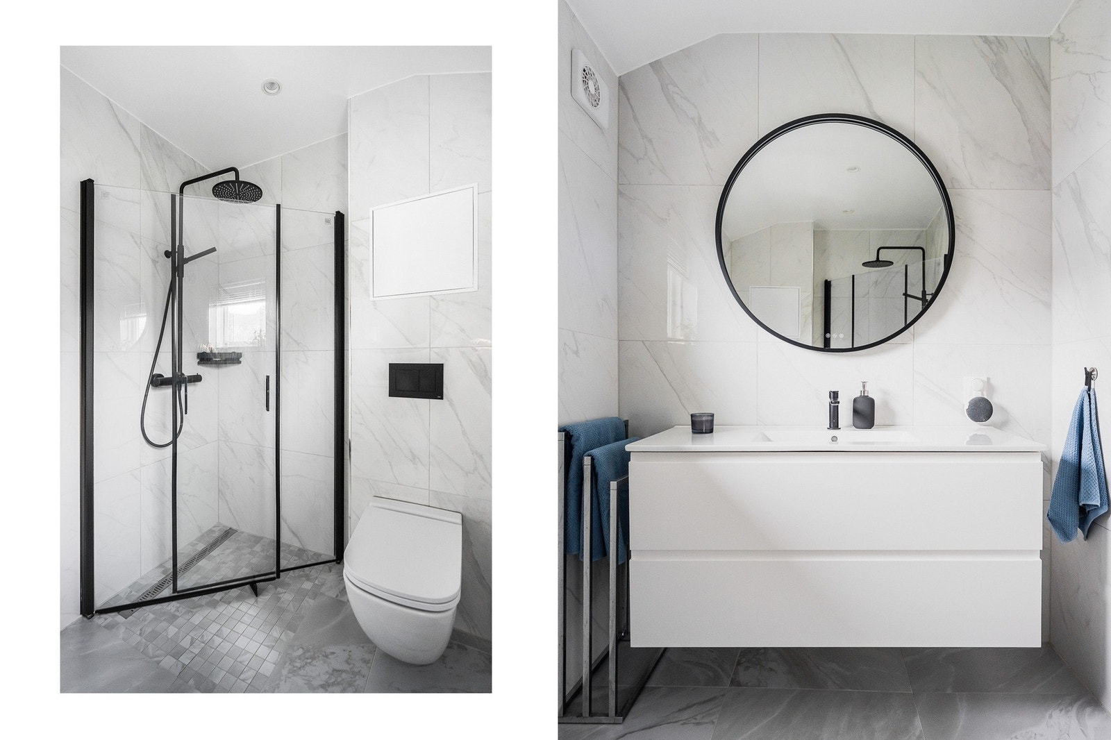Elegant og moderne bad fra 2020, flislagt med gulvvarme, downlights i himling og svingbare dusjvegger. Sanitærutstyr er nytt, og rommet oppleves som både funksjonelt og stilrent. Sluk og membran er skiftet Galleribilde