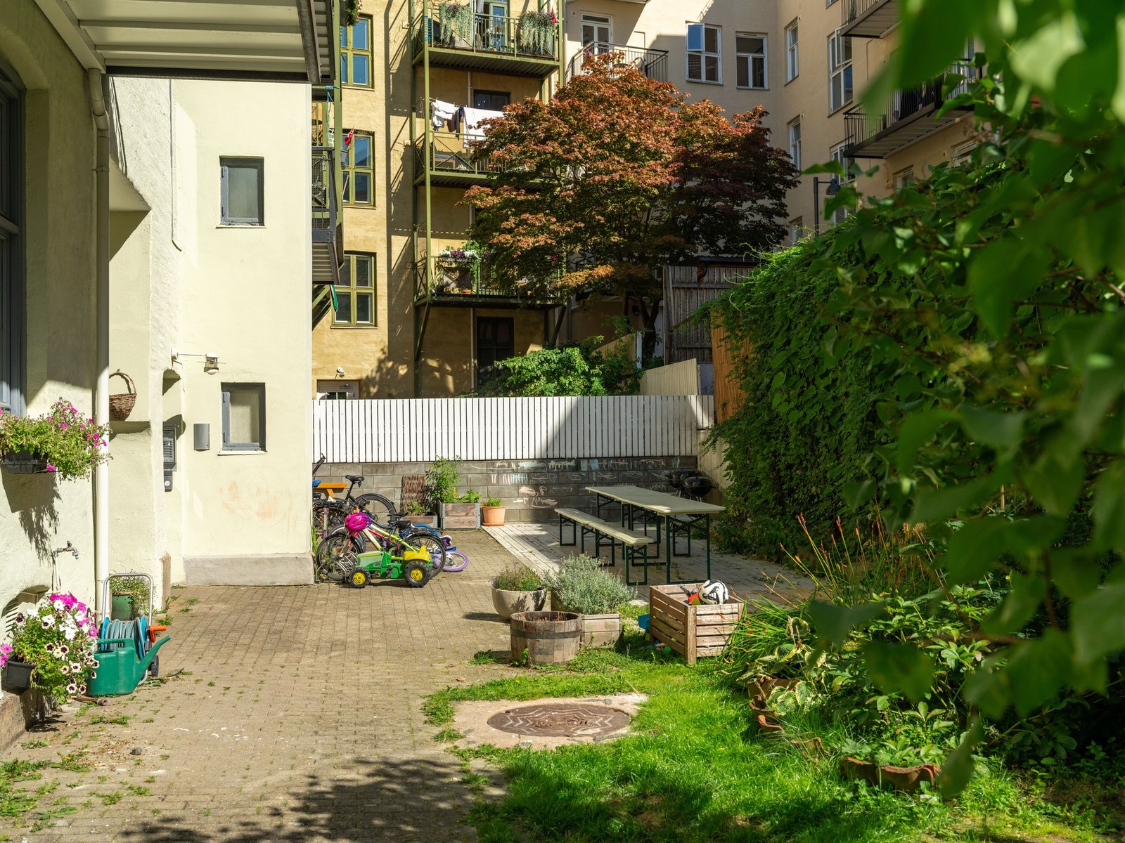 Bakgården er skikkelig koselig, med syrintre, grill og felles sittegrupper. Galleribilde