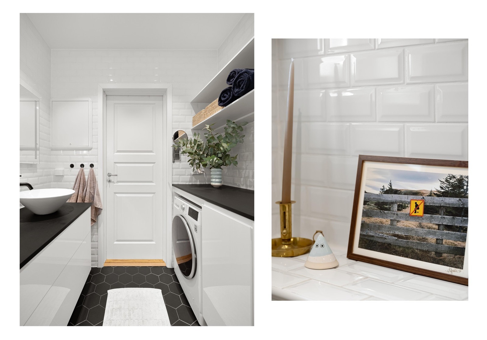 Benkeplaten over vaskemaskin og servant gir deg bedre plassutnyttelse. Vaskemaskinen medfølger! Galleribilde