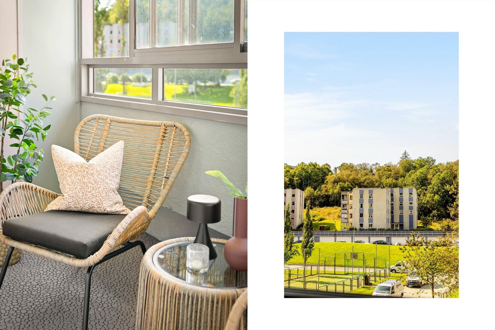 Innglasset balkong med utsikt til lekeplass og ballbinge. Galleribilde