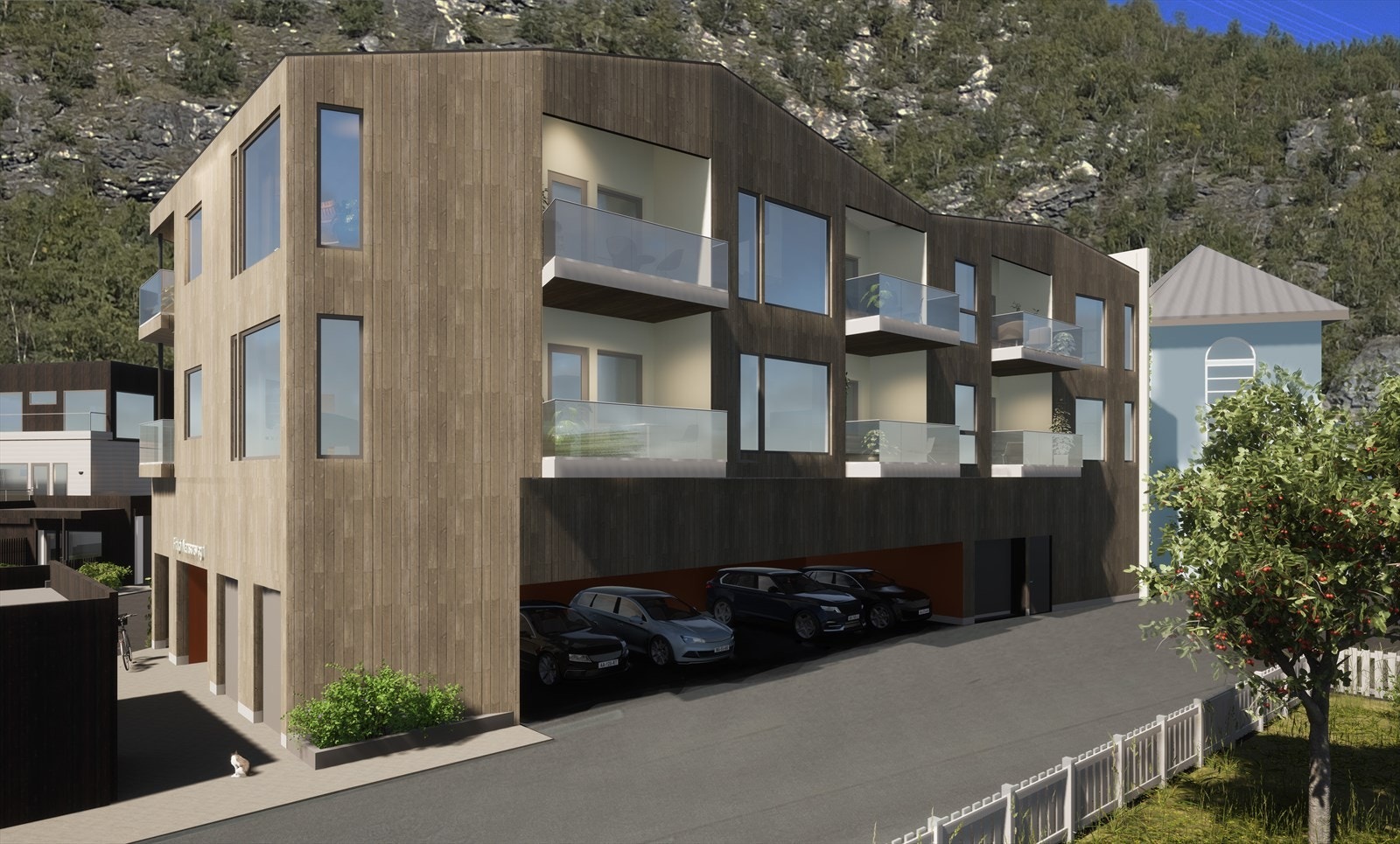 Eigedomen har rammeløyve til utviding av næringsareal og leilegheiter. Teikningar utarbeida av Arkitektkontoret 4B i Sogndal. Galleribilde