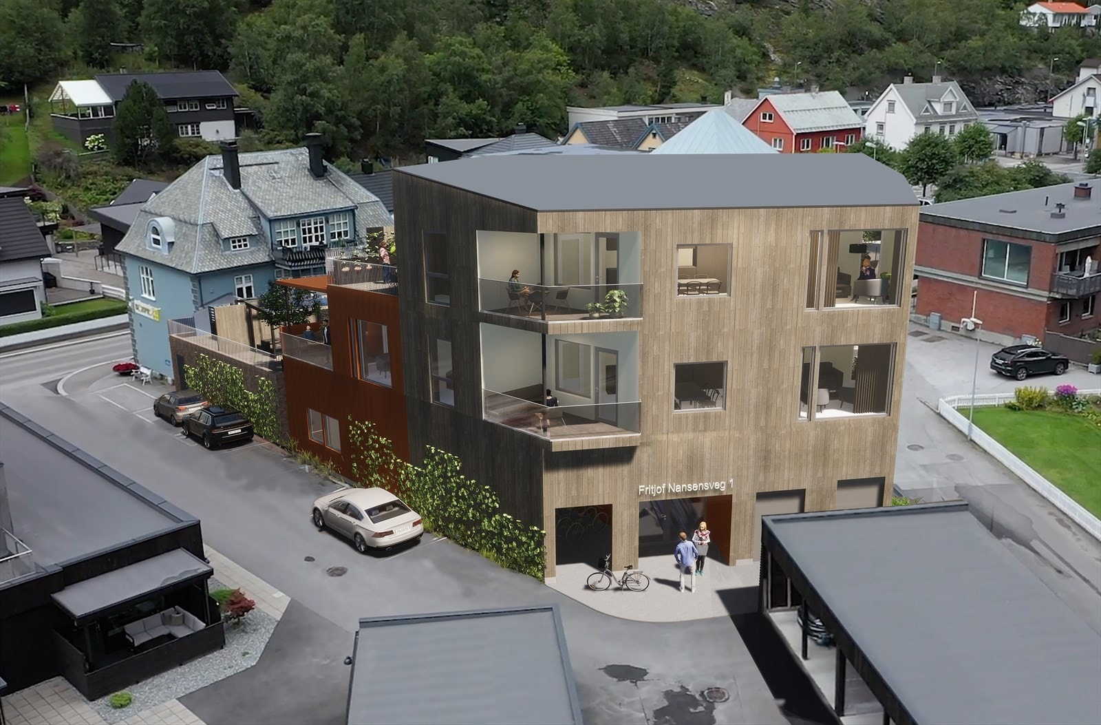 Eigedomen har rammeløyve til utviding av næringsareal og leilegheiter. Teikningar utarbeida av Arkitektkontoret 4B i Sogndal. Galleribilde