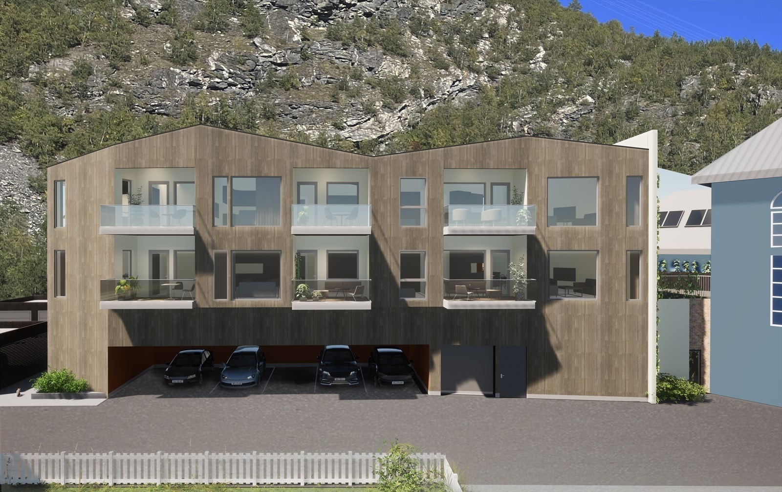 Eigedomen har rammeløyve til utviding av næringsareal og leilegheiter. Teikningar utarbeida av Arkitektkontoret 4B i Sogndal. Galleribilde