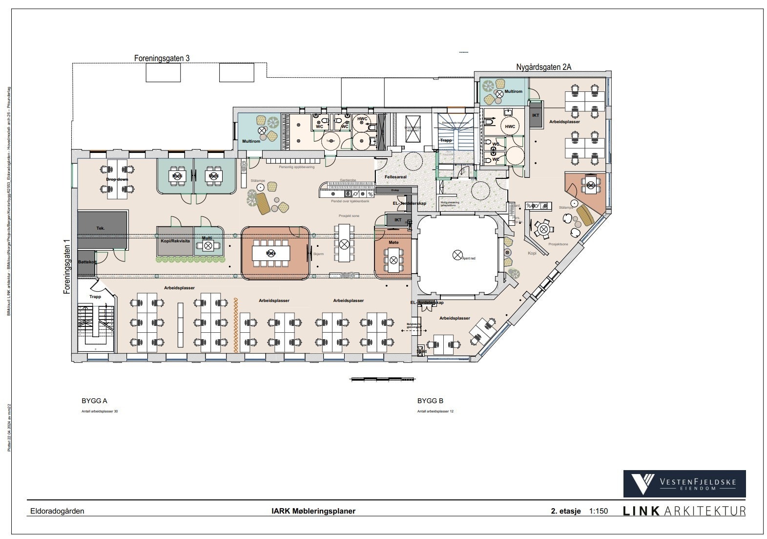 Totalt 959 m2 med muligheter for 54-84 kontorplasser
Kan deles inn:
Kontor A = 683 m2 = 42-68 kontorplasser
Kontor 2 = 300 m2 = 12-16 kontorplasser Galleribilde