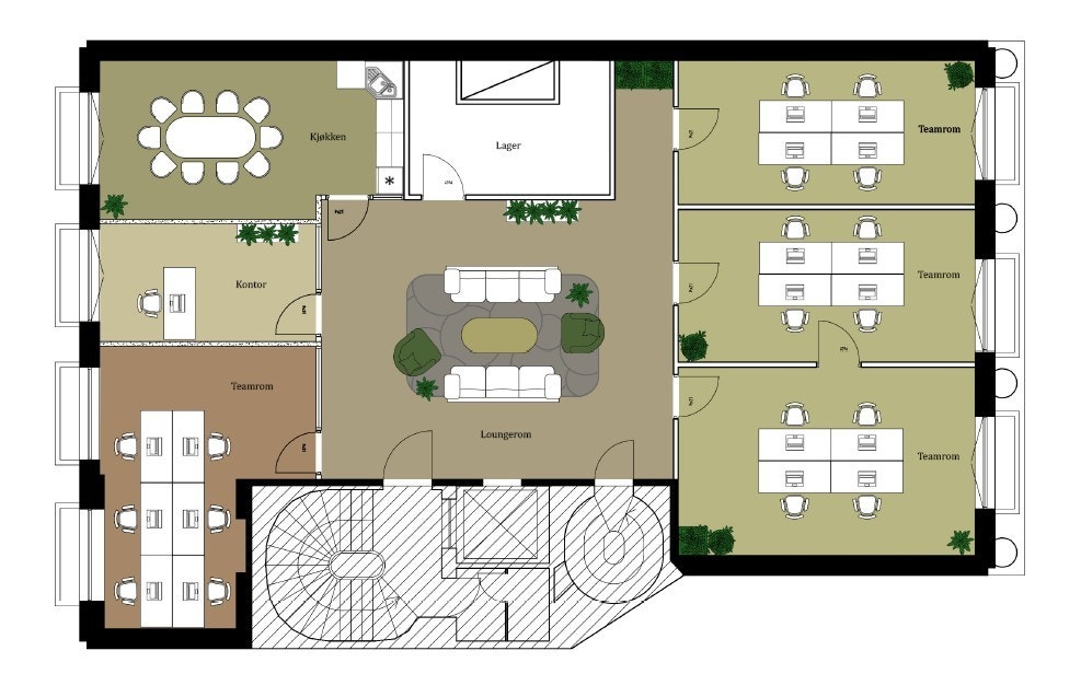 Mulig planløsning - løsning kontor/teamkontor. Galleribilde