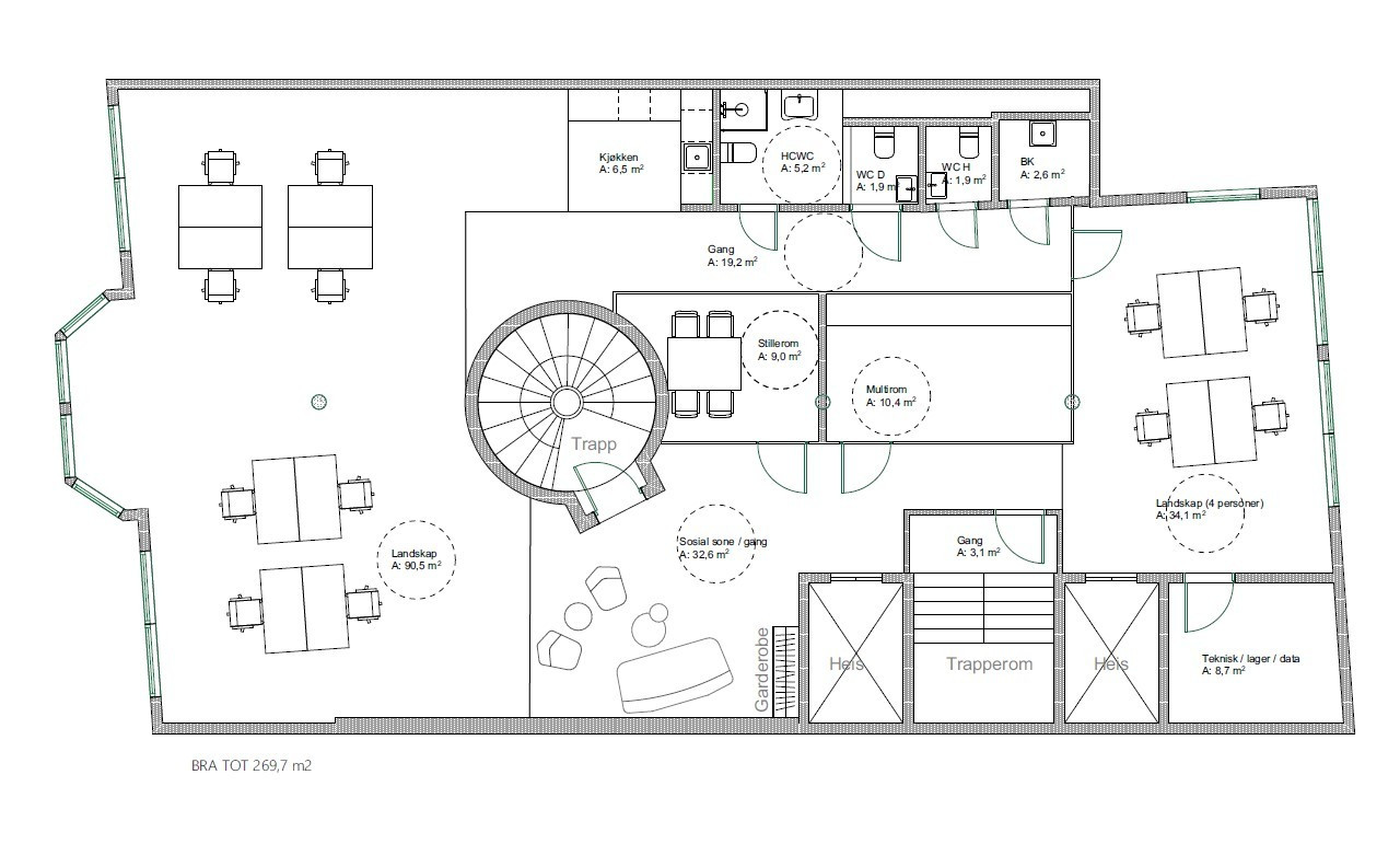 Plantegning 2.etg. BTA ca. 300 m².
