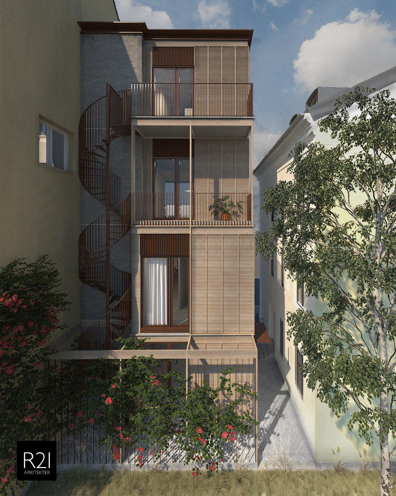 Flott hjørnegård med årlige leie ca. kr 800 000,- | Ramme til loftsutbygging og nytt boligbygg på 4 etg. Nybygget sett fra bakgård Galleribilde