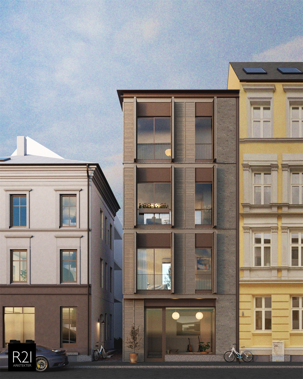 Flott hjørnegård med årlige leie ca. kr 800 000,- | Ramme til loftsutbygging og nytt boligbygg på 4 etg. Bilde av nybygget - sett fra gaten Galleribilde