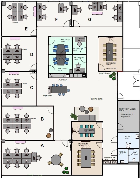 Bildet viser romplan med totalt 7 stk. teamkontorer med 3-7 arbeidsplasser. Felles møterom, multirom, printer/lagerrom, sosial sone og kjøkken Galleribilde
