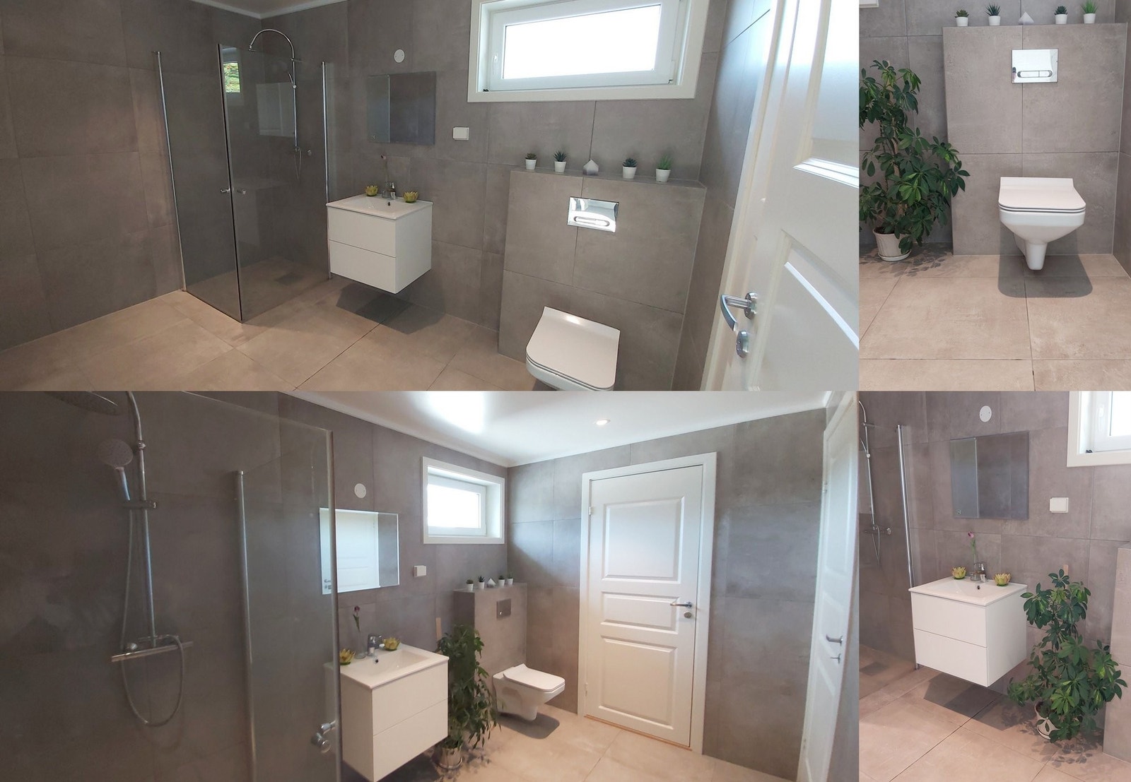 Et moderne toalett med gulvvarme i moteriktige farger av grått og hvitt.Et dyrt toalett er installert her. Uten kant, med svært tynt sete og toalettlokk Spesielt spylesystem. Galleribilde