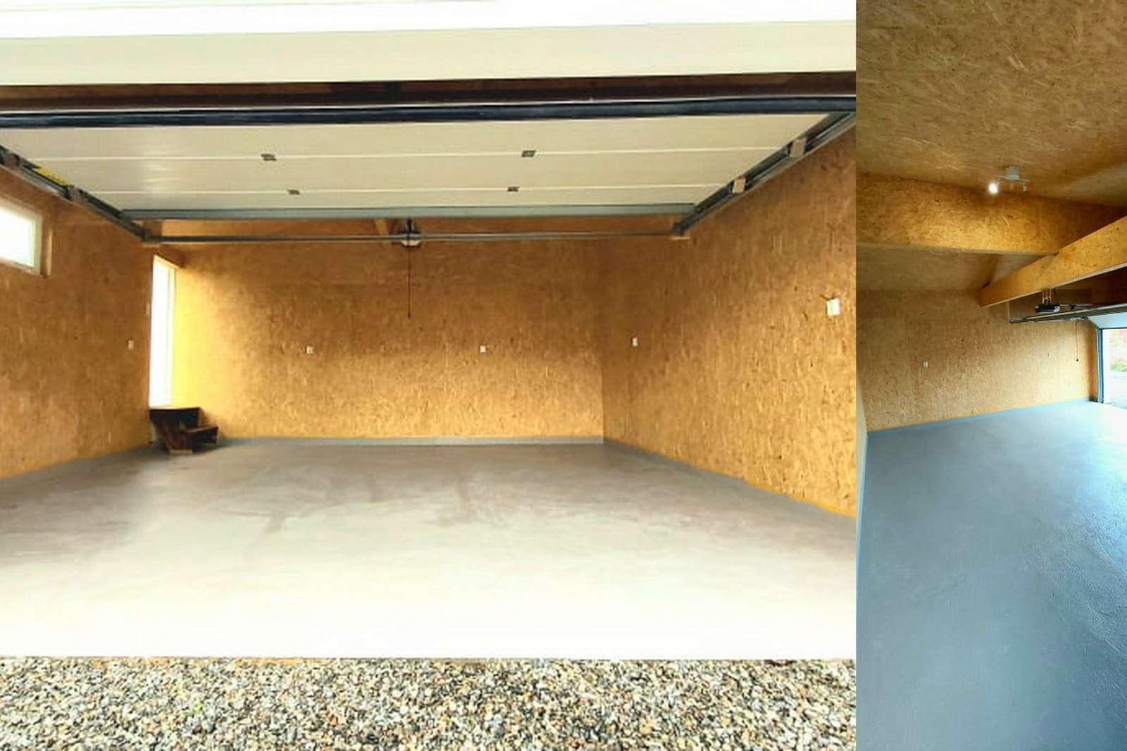 Garasje for 2 biler. Innvendig laget en ansatt en meget grundig polstring av vegger og tak med OSB. Gulvet er 2x malt med motstandsdyktig epoksymaling. Garasjeport av et veldig godt selskap Wisniowski. To fjernkontroller følger med. Galleribilde