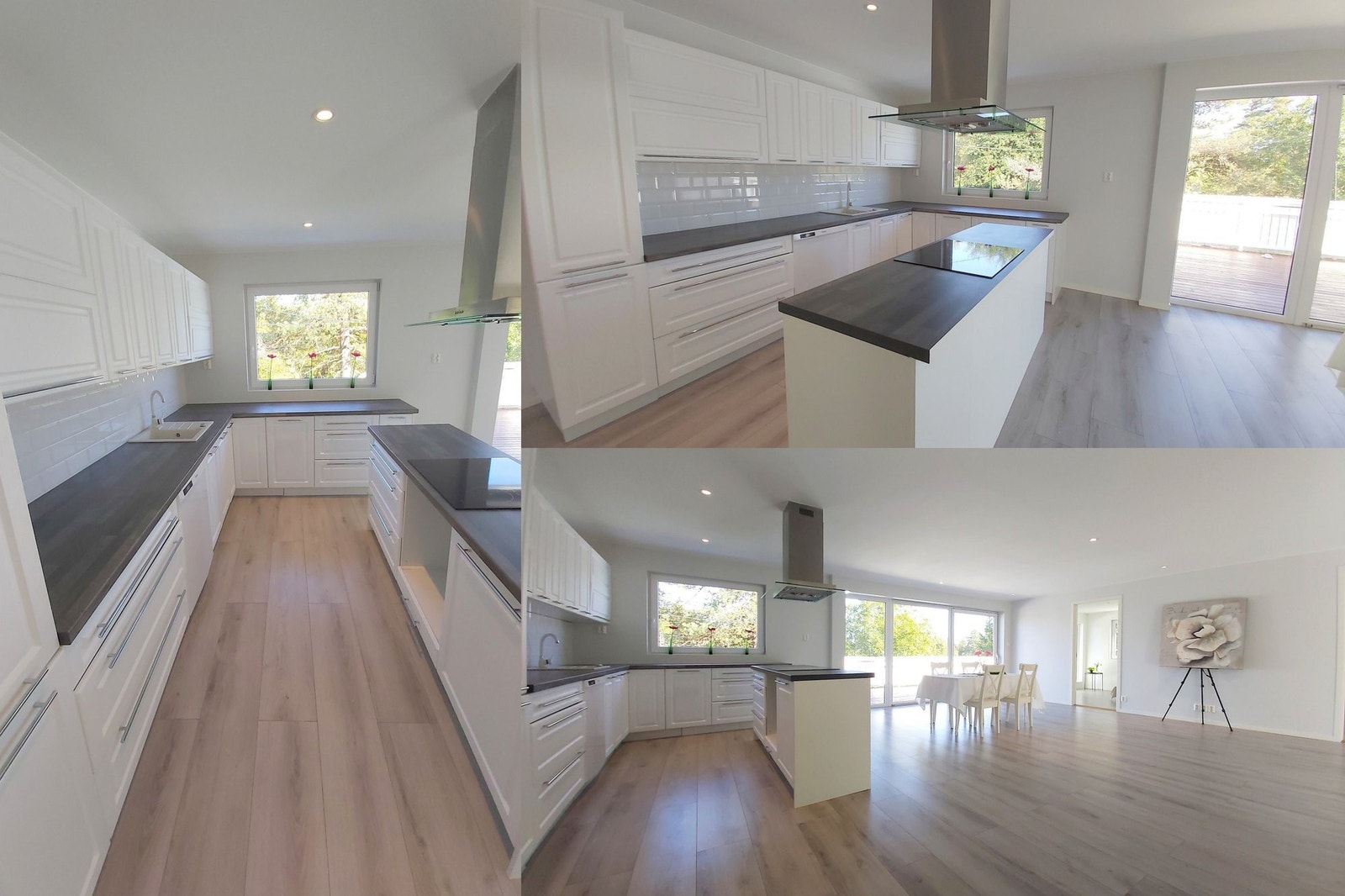 Kjøkkenet har moderne møbler, myk lukking og blum teleskoper. Det er en komfortabel øy her hvor du kan tilberede favorittrettene dine. Vasken er laget av stein av meget god kvalitet. Bosch komfyr. Radiatorer med LCD-display. Det finnes manualer for alt fo Galleribilde