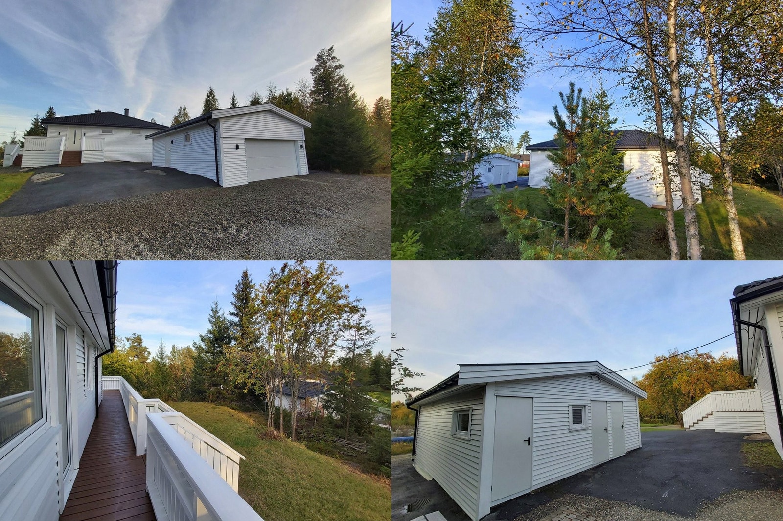 Det er mindre terrasser rundt huset og innganger med trapper. Det er også 3 romslige rom for tingene dine på baksiden av garasjen Galleribilde