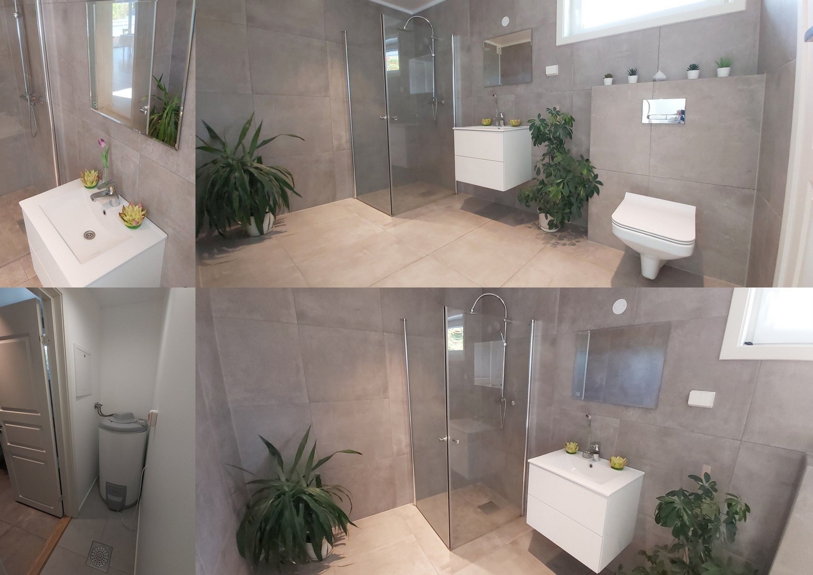 Badet har meget store fliser på vegg og gulv. Dette gir et unikt utseende til dette fantastiske stedet. Oppmerksomhet på detaljer, firkantet dusjglass, vask og toalett Galleribilde