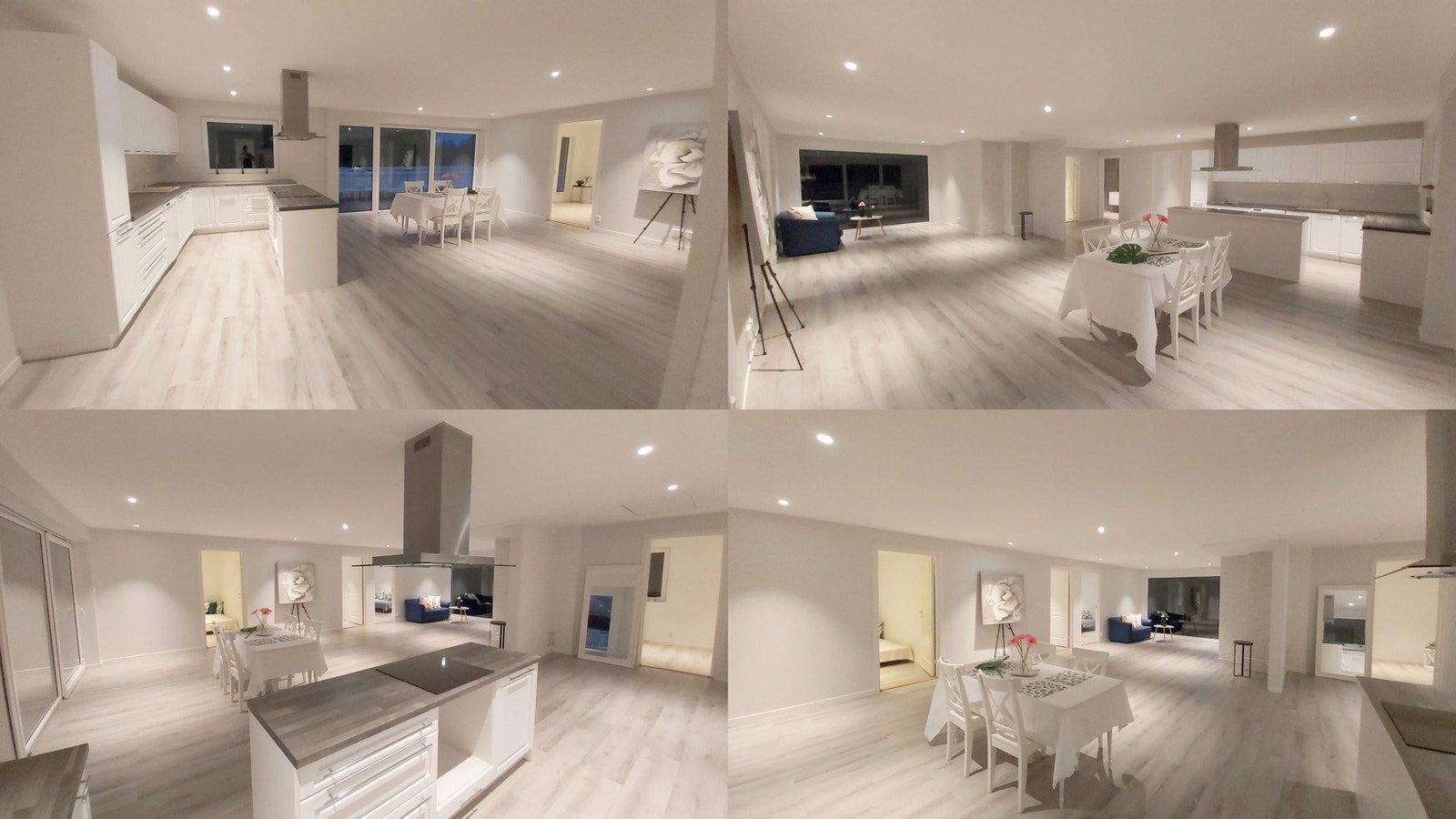 Om natten er det koselige interiøret i huset opplyst av varmt LED-lys - energisparende lyspærer. Galleribilde