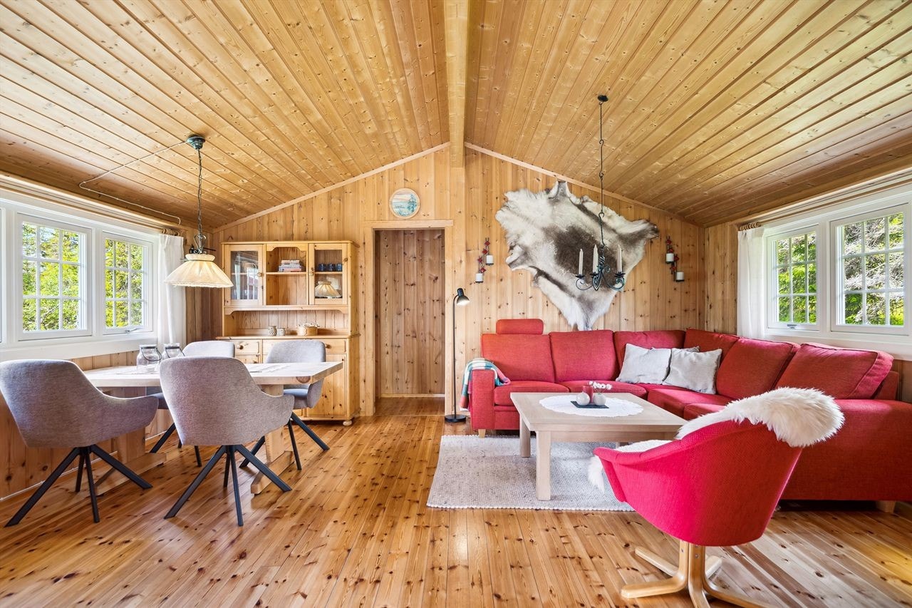 Stuen har plass til både sofagruppe og stort spisebord. Galleribilde