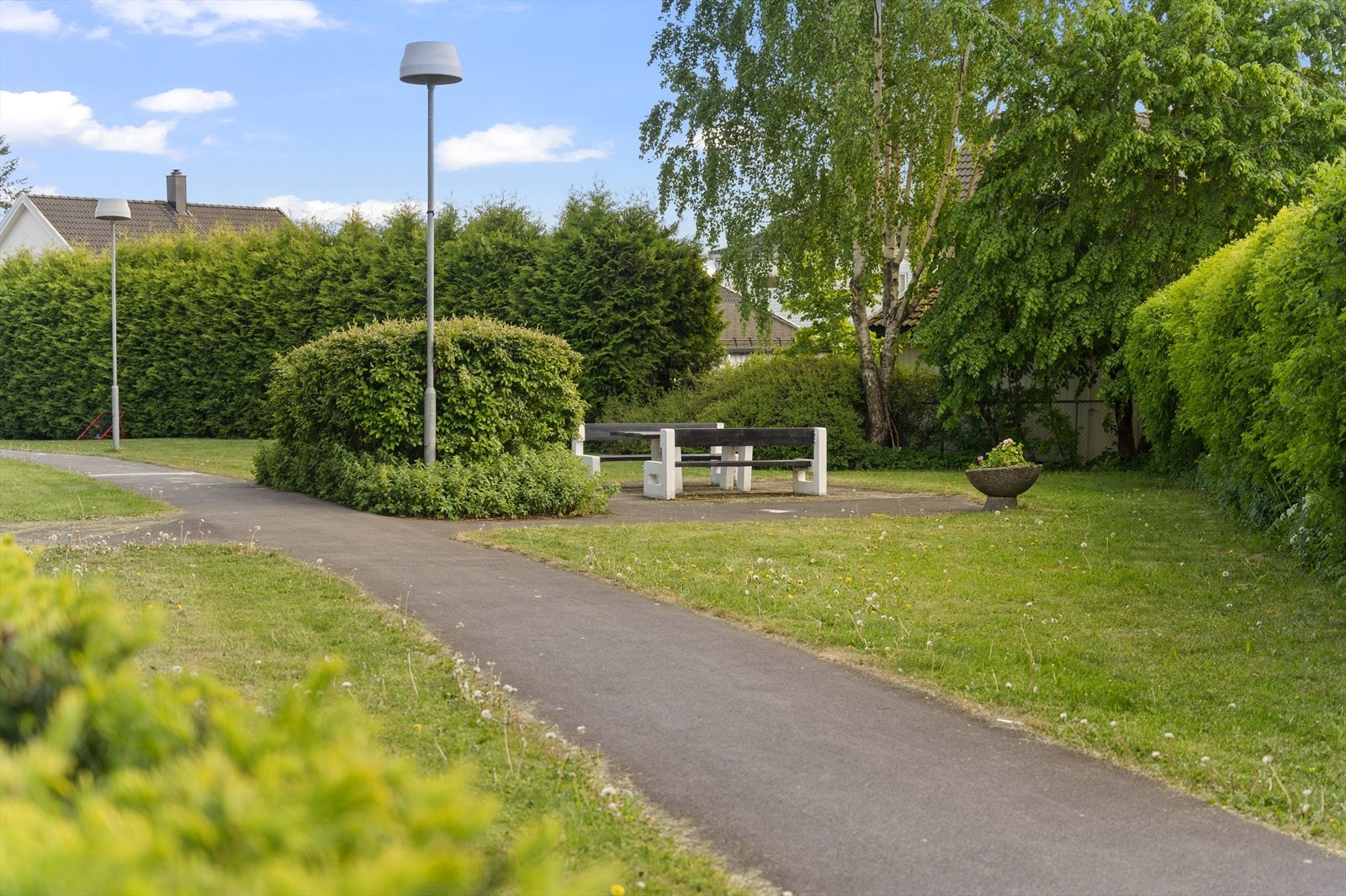 Felleshagen er stille, grønn og barnevennlig med benker, sittegrupper og god plass til lek og sosialt samvær. Galleribilde