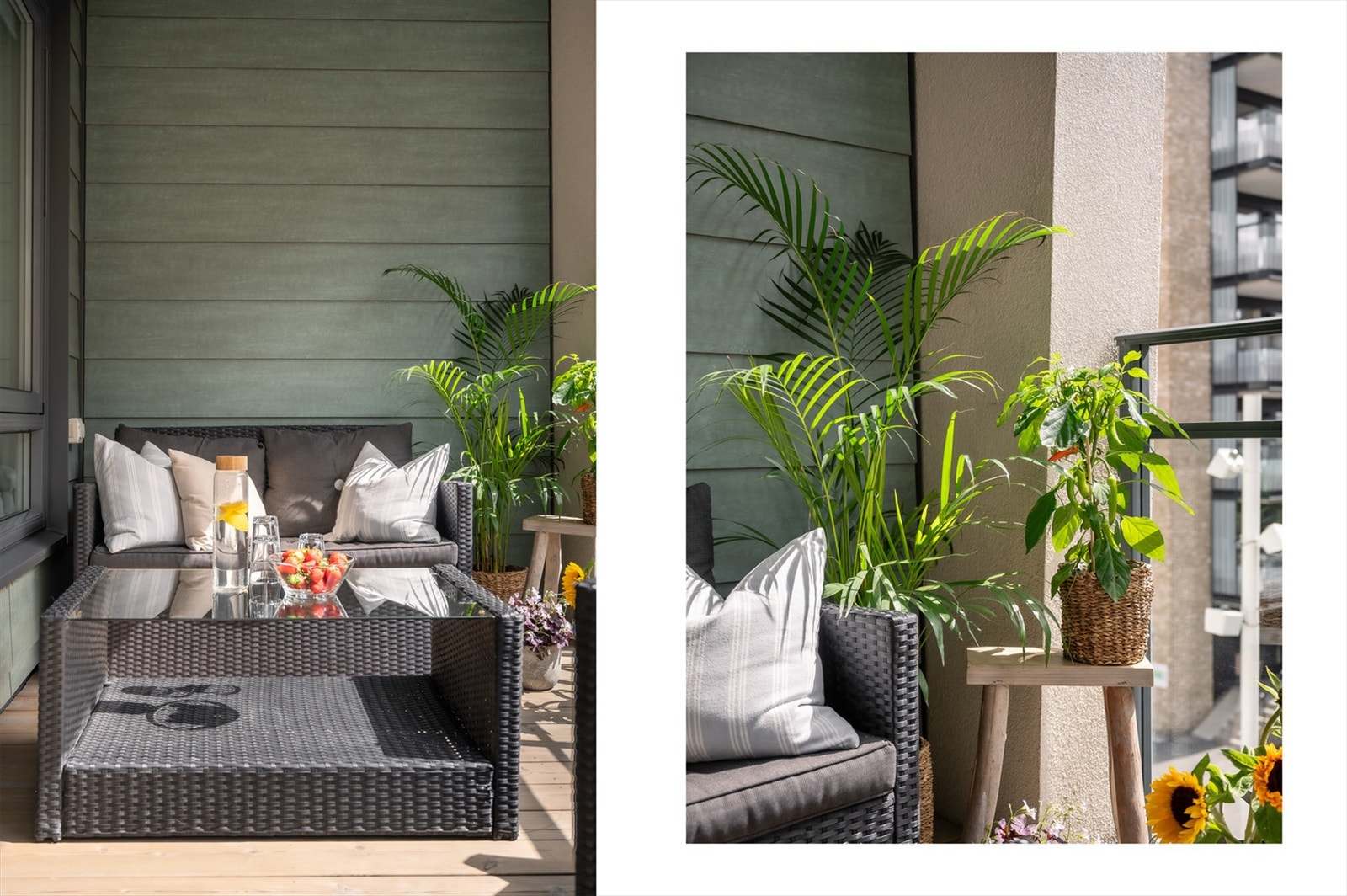 Stikkontakt og utebelysning. Balkongen er belagt med terrassebord i tre. Galleribilde