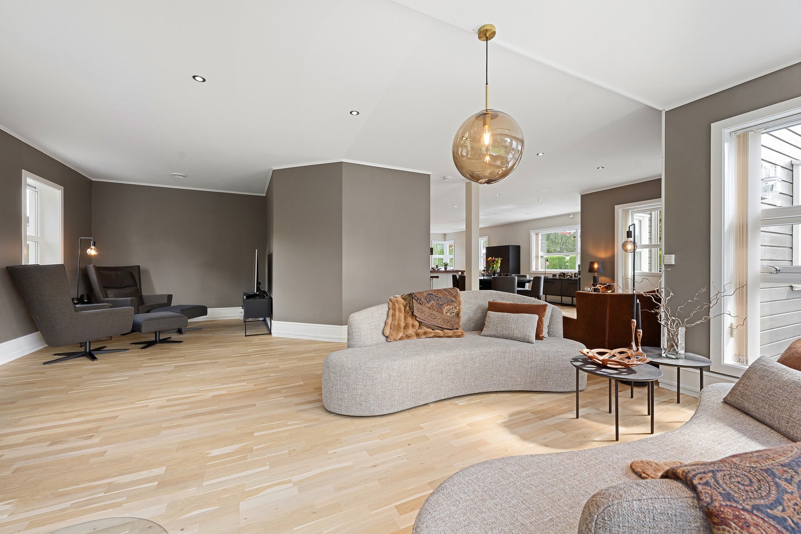 Et flott oppholdsrom med flere naturlige soner Galleribilde