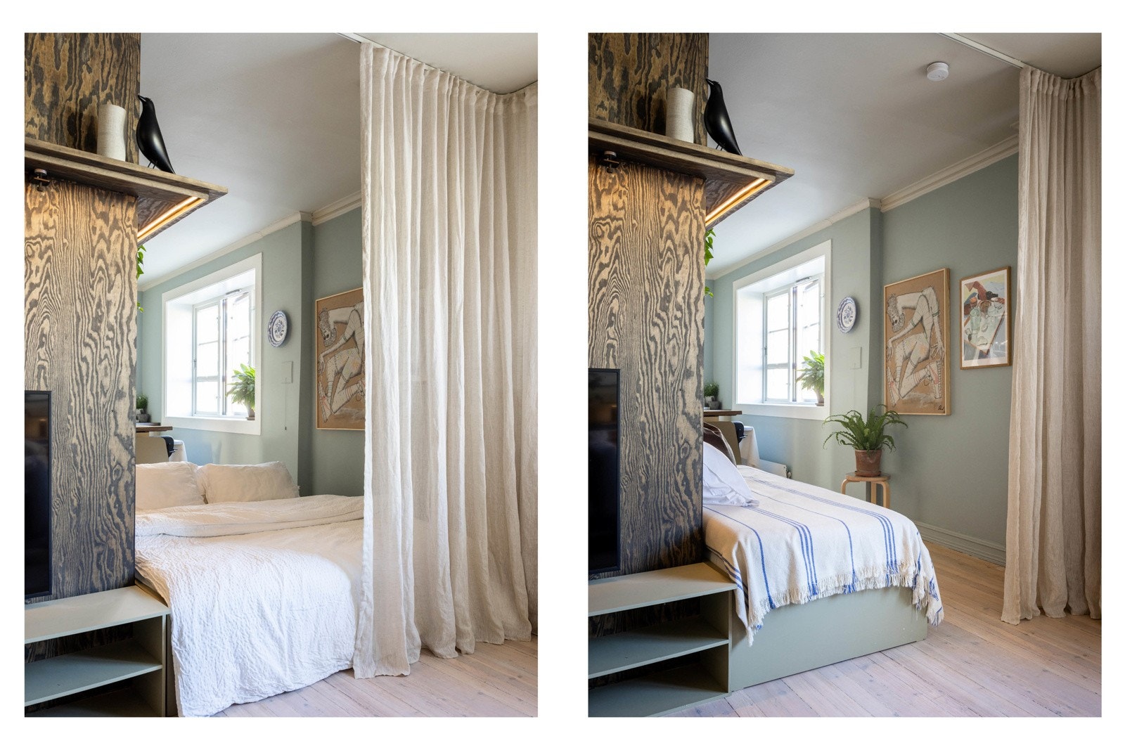 Eier har etablert en smart løsning for overnattingsgjester. Mellom stue og kjøkken er det plassert en sovesofa med gardiner som enkelt kan trekkes for og skape en privat soveplass. Galleribilde