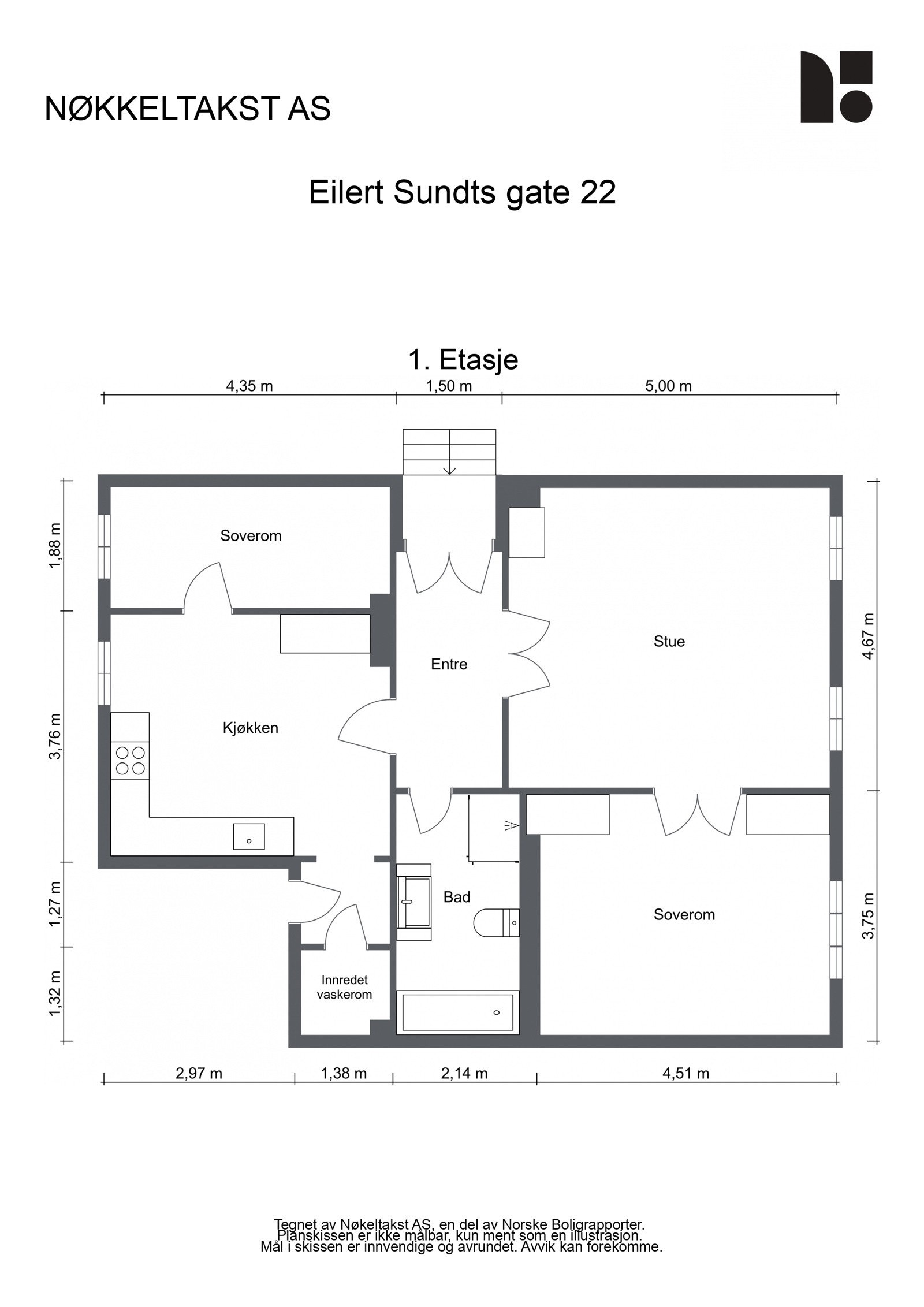 Leilighetens planløsning - i tillegg er det én bod i baktrapp og to boder i kjeller Galleribilde
