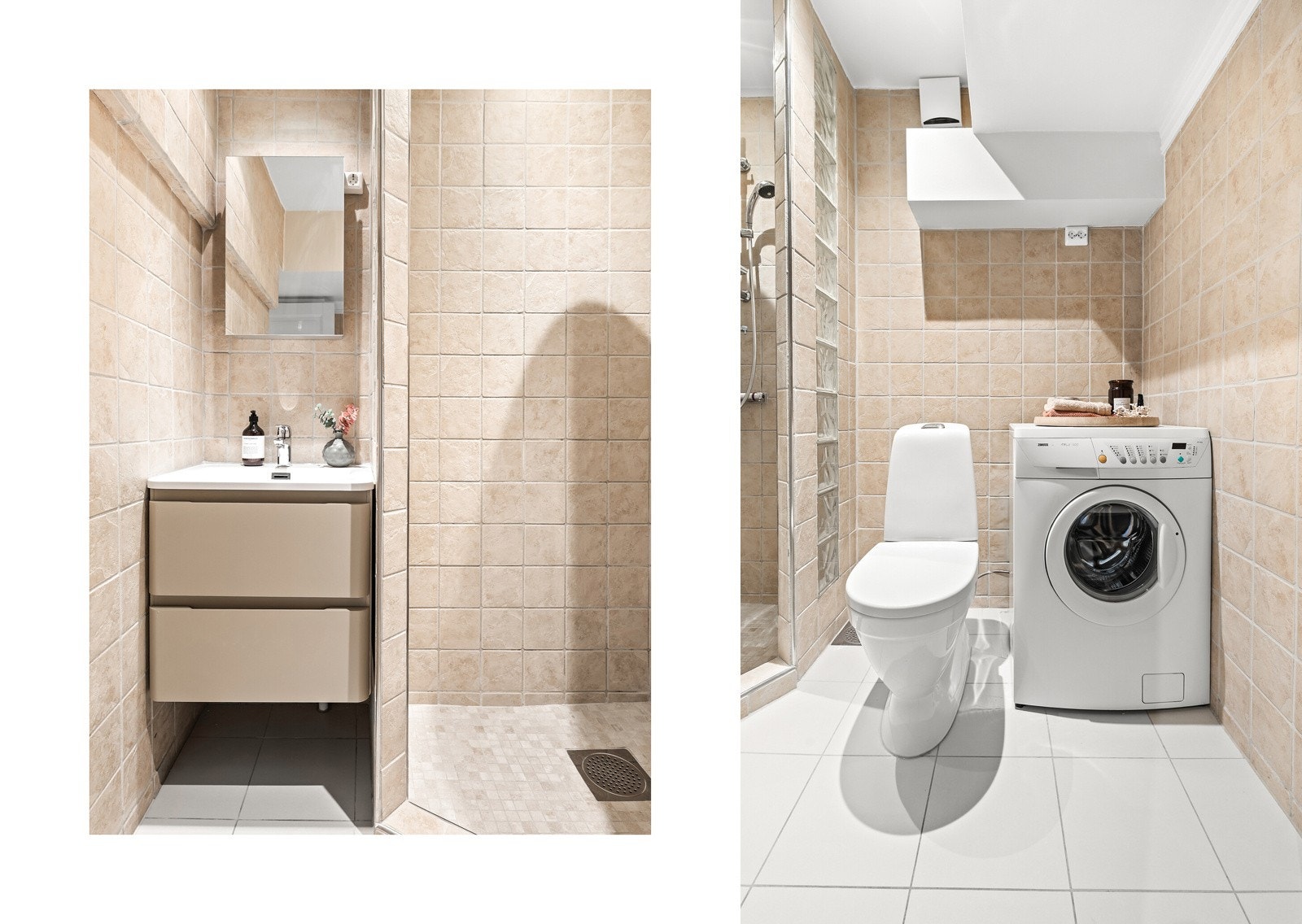 Badet er av eldre årgang, men ble oppgradert i 2022 med nytt servantmøbel med skap, speil med lys, toalett og dusjnisje og opplegg til vaskemaskin. Galleribilde