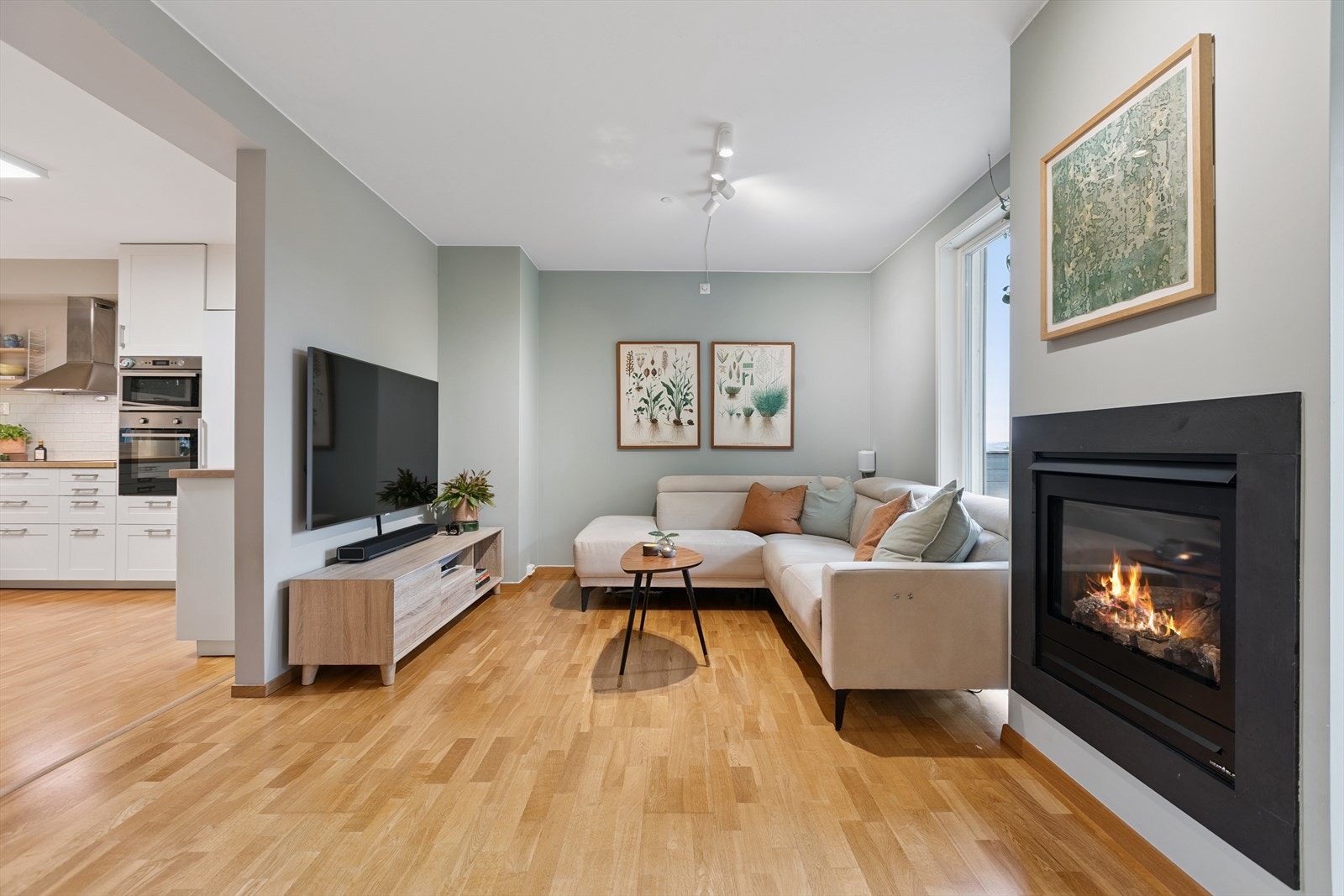 Hyggelig sofakok med en naturlig plass til tv´en hengende på veggen. Gassovnen gir en god varme på kalde dager. Galleribilde