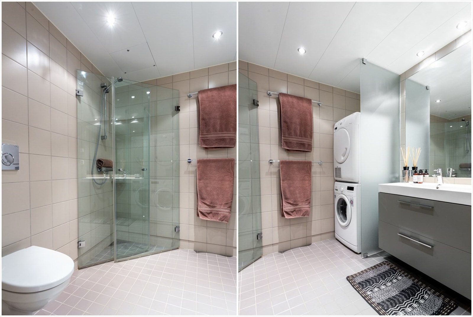 Det er vegghengt toalett, og dusj med plassbesparende glassdører. Vannbåren varme i gulv, dimbar downlights i himling og det er rør-i-rør system. Galleribilde