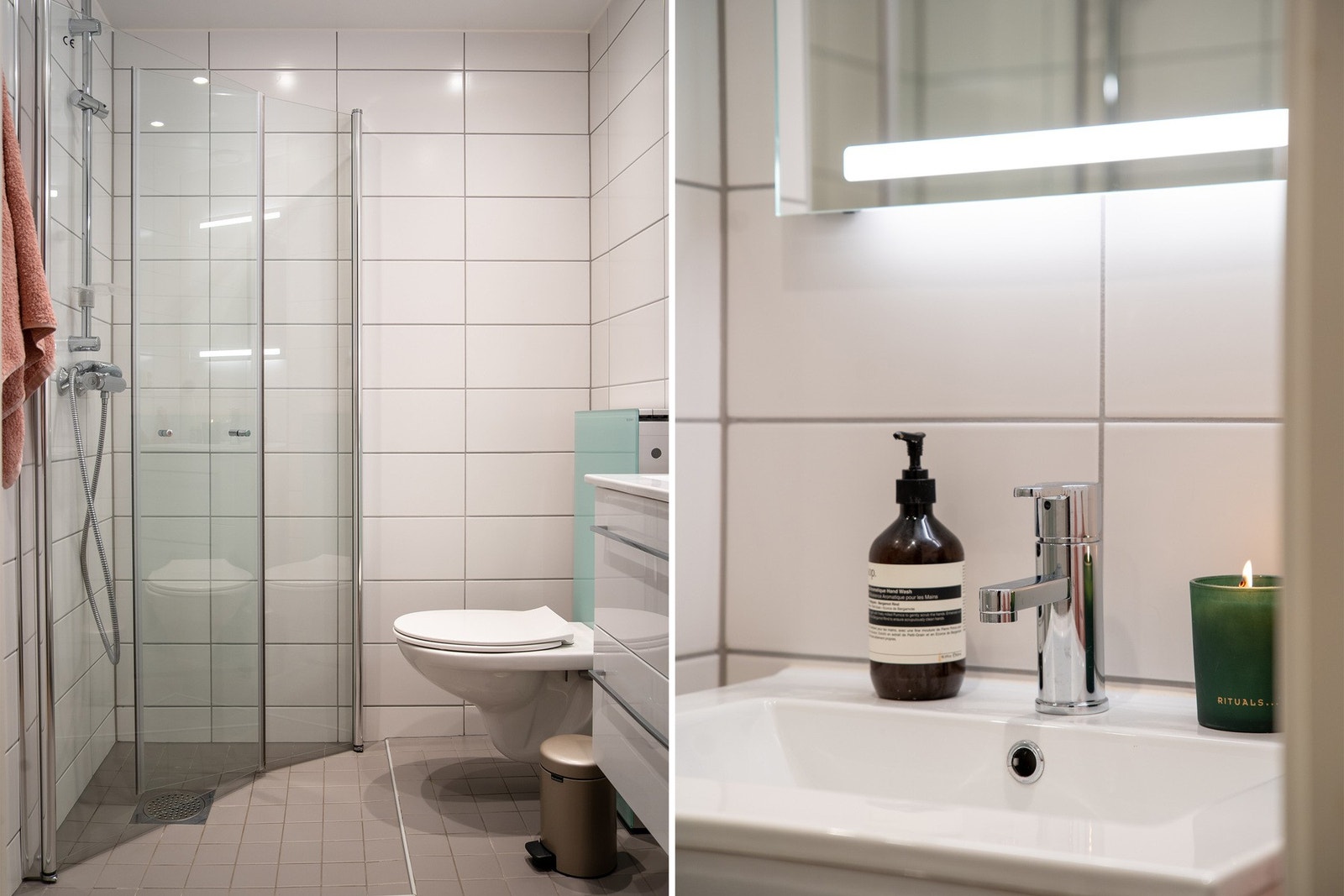 Baderomsinnredningen består av servant med skuffer i hvit utførelse og ett-greps blandebatteri, dusjhjørne med glassdør, veggmontert speil over servant samt vegghengt toalett. Galleribilde