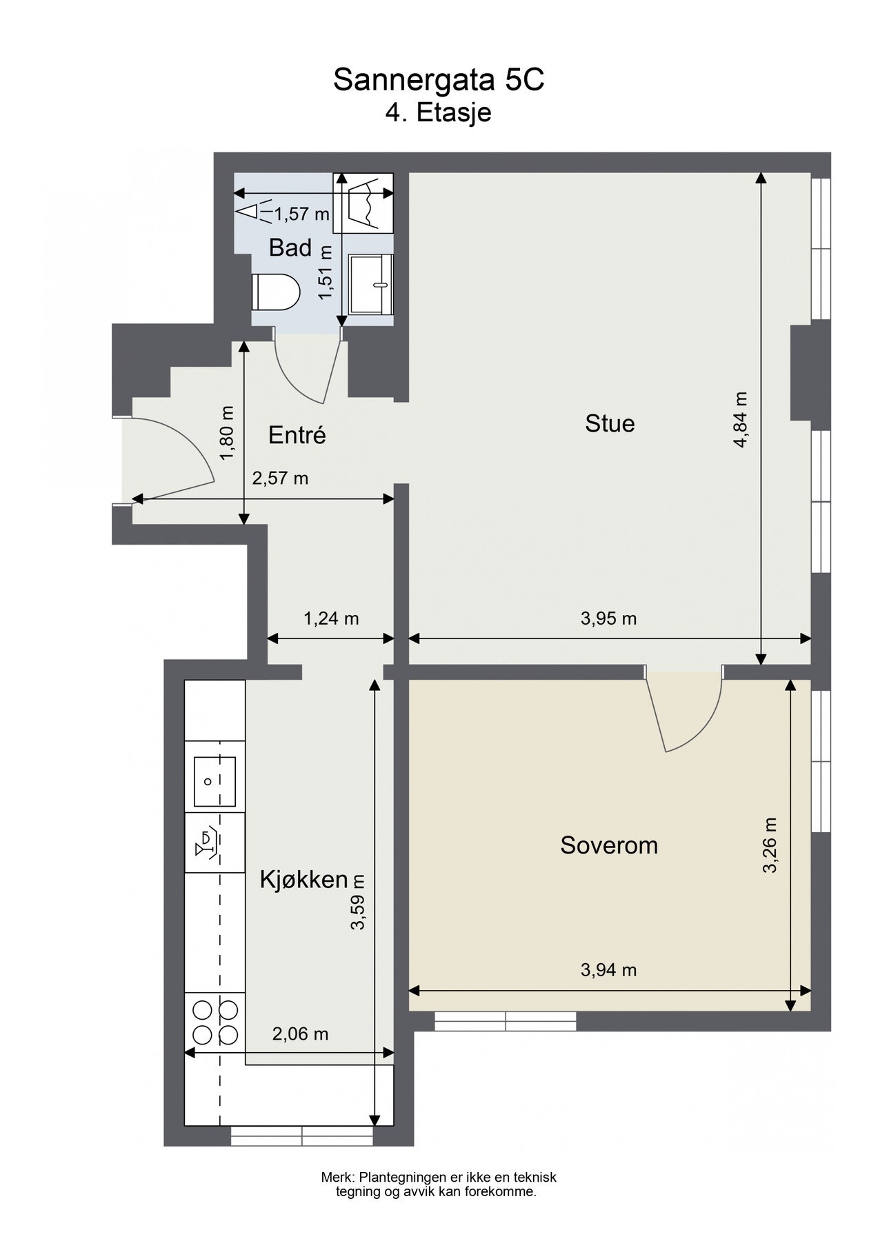 Plantegning. Leiligheten disponerer en kjellerbod på ca. 2 kvm. Galleribilde