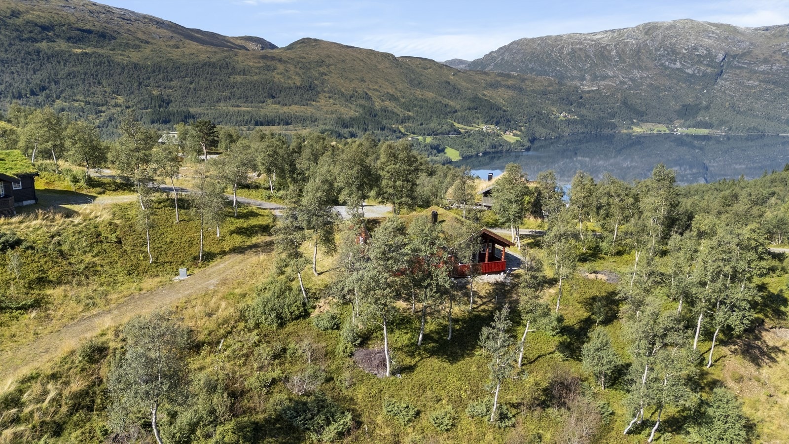 Eigedommen ligg i naturskjønne omgivelser på eit høgdedrag over Haukedalsvatnet Galleribilde