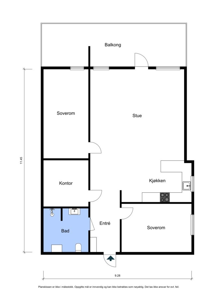 Entre/hall, to soverom, bad, kontor/bod (tidligere toalettrom) stue, spisestue og kjøkken. Medfølger garasjeplass og bod Galleribilde