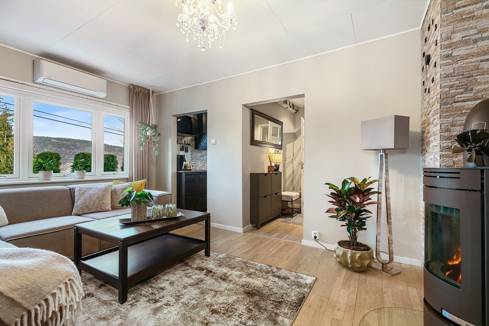 Det er en moderne peis som varmer godt på kalde dager. Galleribilde