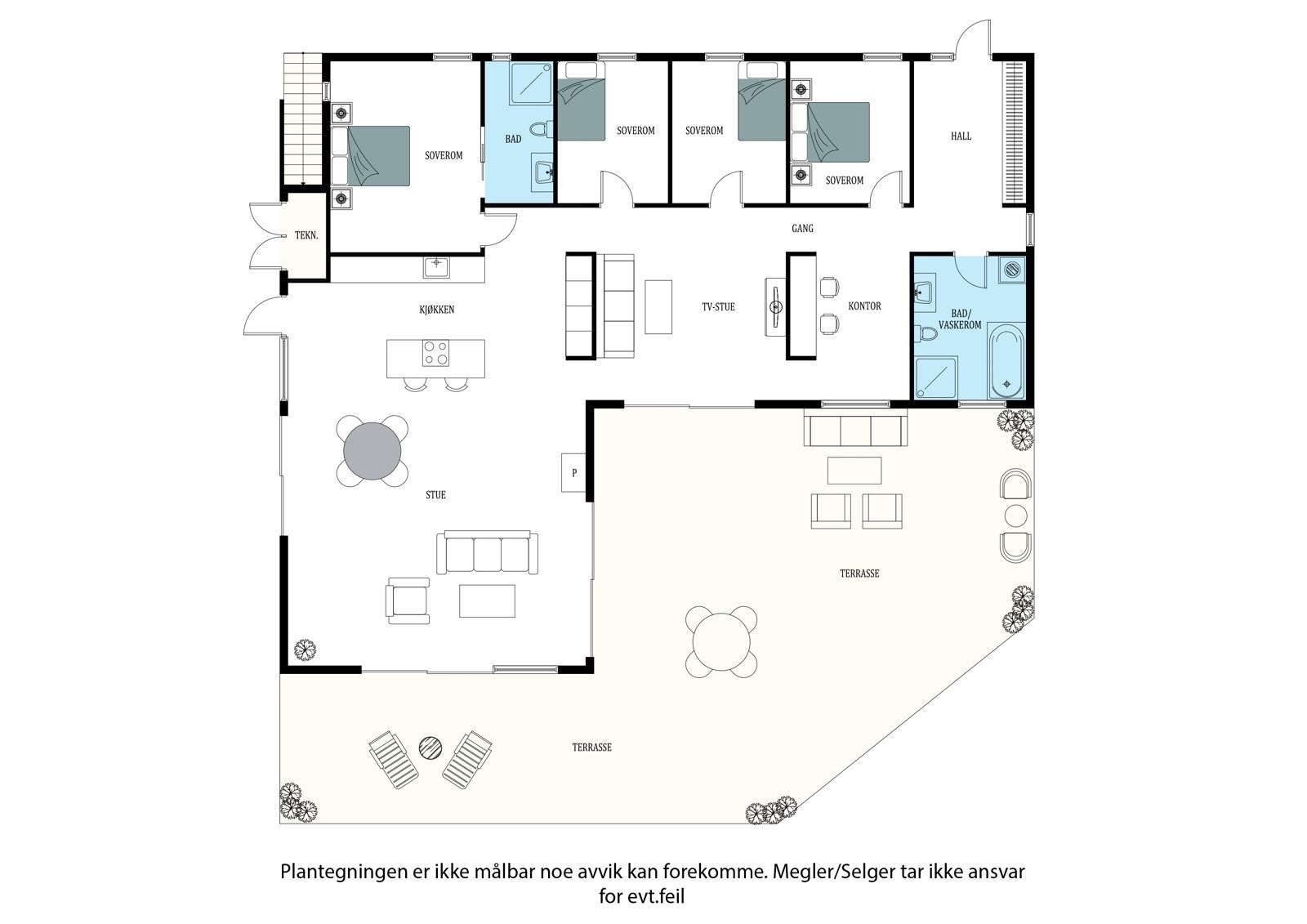Plantegning. Det er tilrettelagt for vannbåren varme i alle gulv i hele boligen. Galleribilde