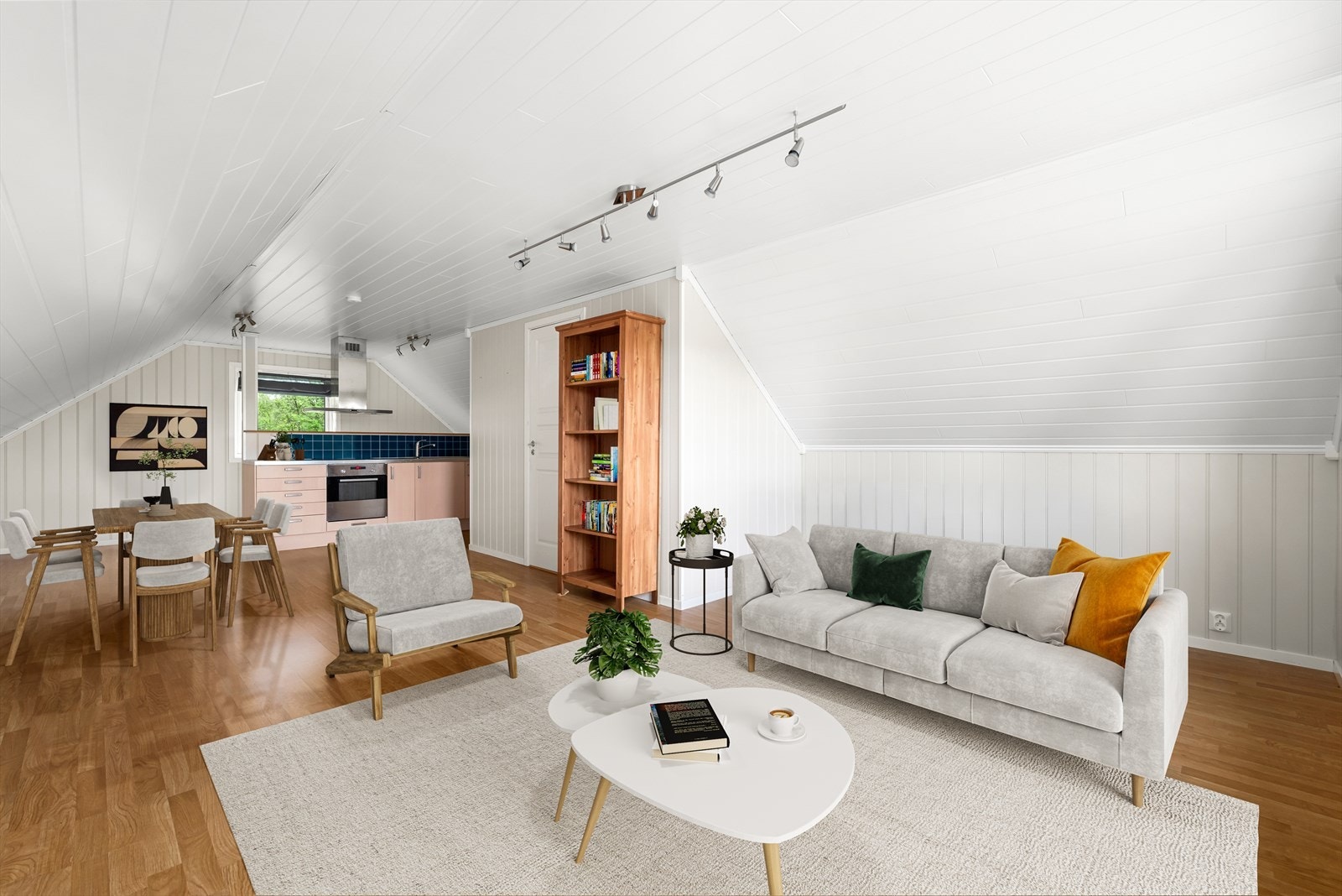 Den åpne stue- og kjøkkenløsningen skaper en romslig og fleksibel planløsning, med god plass til ulike møbleringssoner. Galleribilde