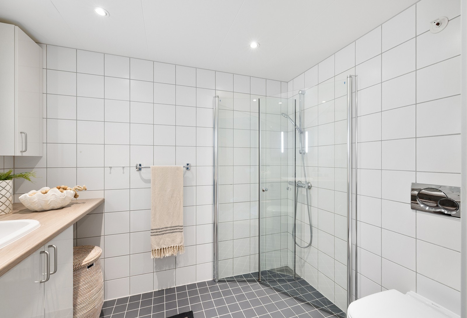 Her er det opplegg for vaskemaskin/tørketrommel og det er tilkoblet et vegghengt vannklosett. Galleribilde