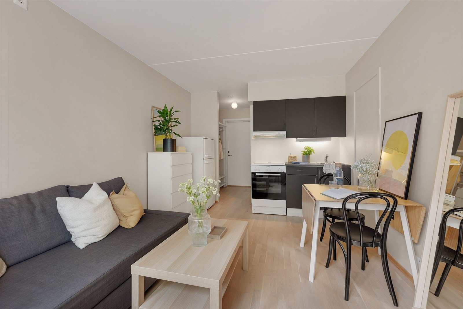 Planløsningen gir rom for både spise- og oppholdssone, og gir en arealeffektiv løsning for hybelboeren. Galleribilde