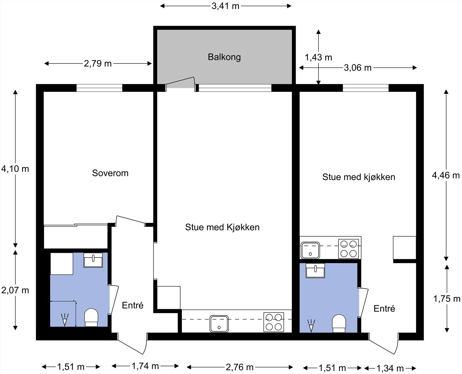 Leiligheten ligger i 4. etasje og inneholder entré, bad, soverom, åpen stue- og kjøkkenløsning med utgang til balkong. Hybelen inneholder entré, bad, åpen stue- og kjøkkenløsning. I tillegg disponerer boligen én kjellerbod. Galleribilde