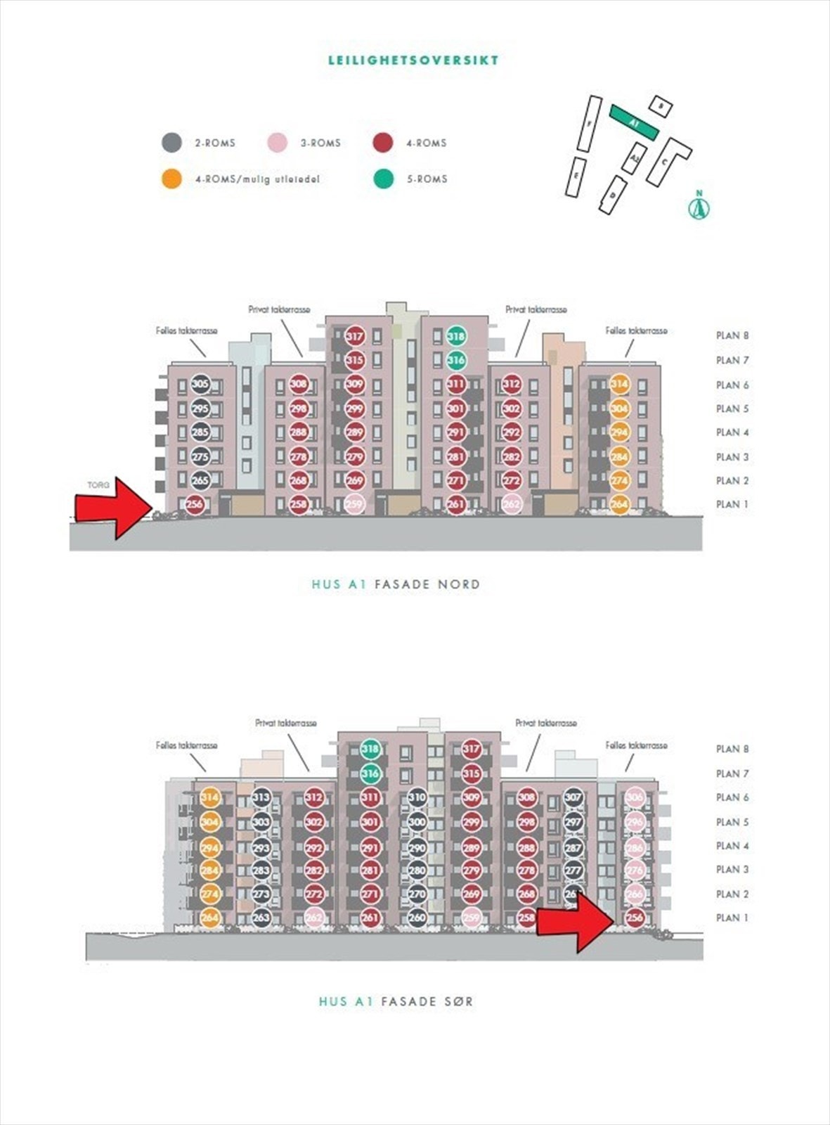 Illustrasjon fasade med markering av leiligheten. Galleribilde