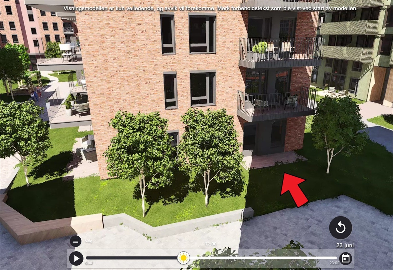 Illustrasjon hentet fra utbyggers simulator. Leiligheten har 2 markterrasser. Avvik kan forekomme. Galleribilde