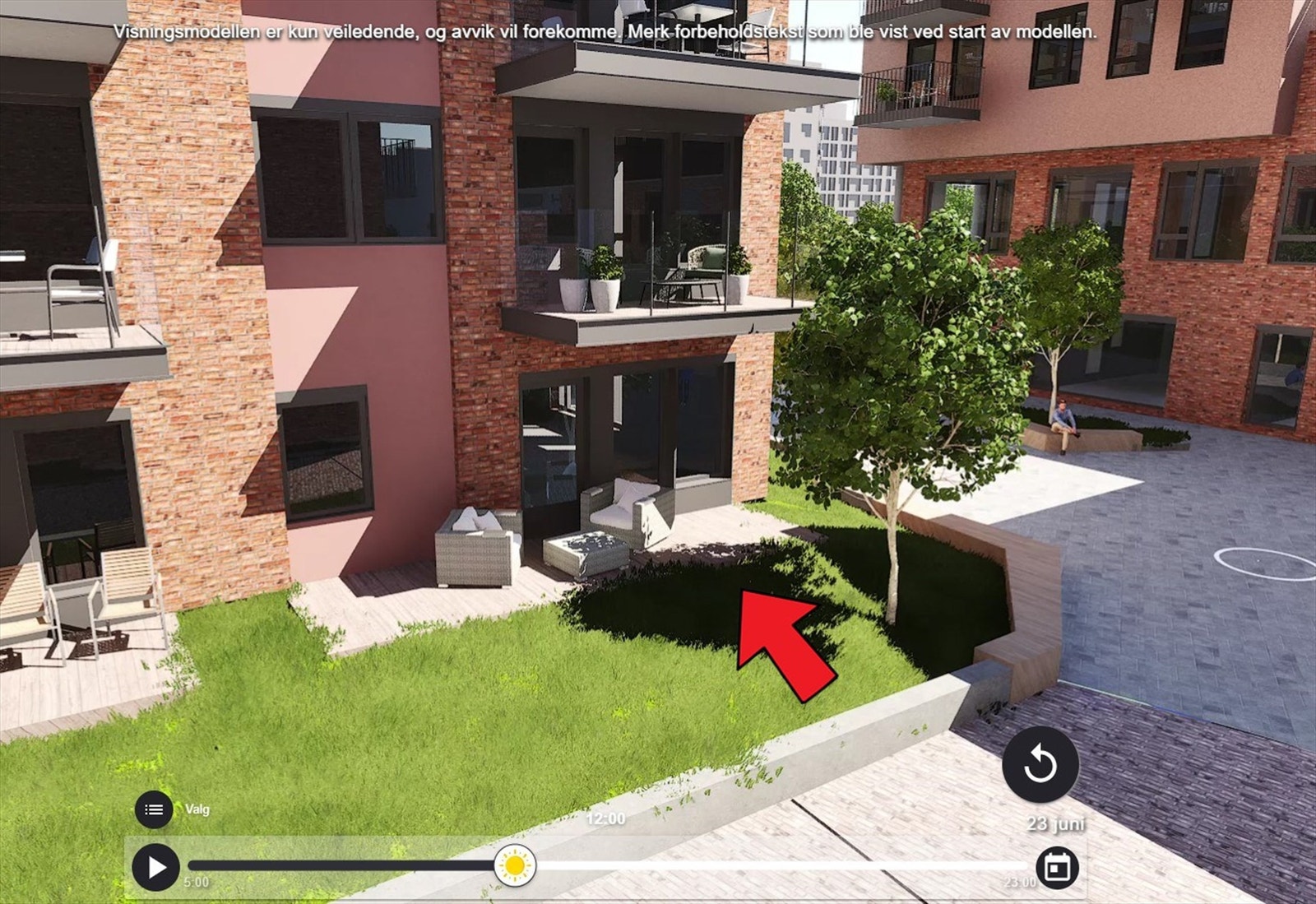 Illustrasjon av leilighetens beliggenhet. Hentet fra utbyggers simulator. Avvik kan forekomme. Galleribilde