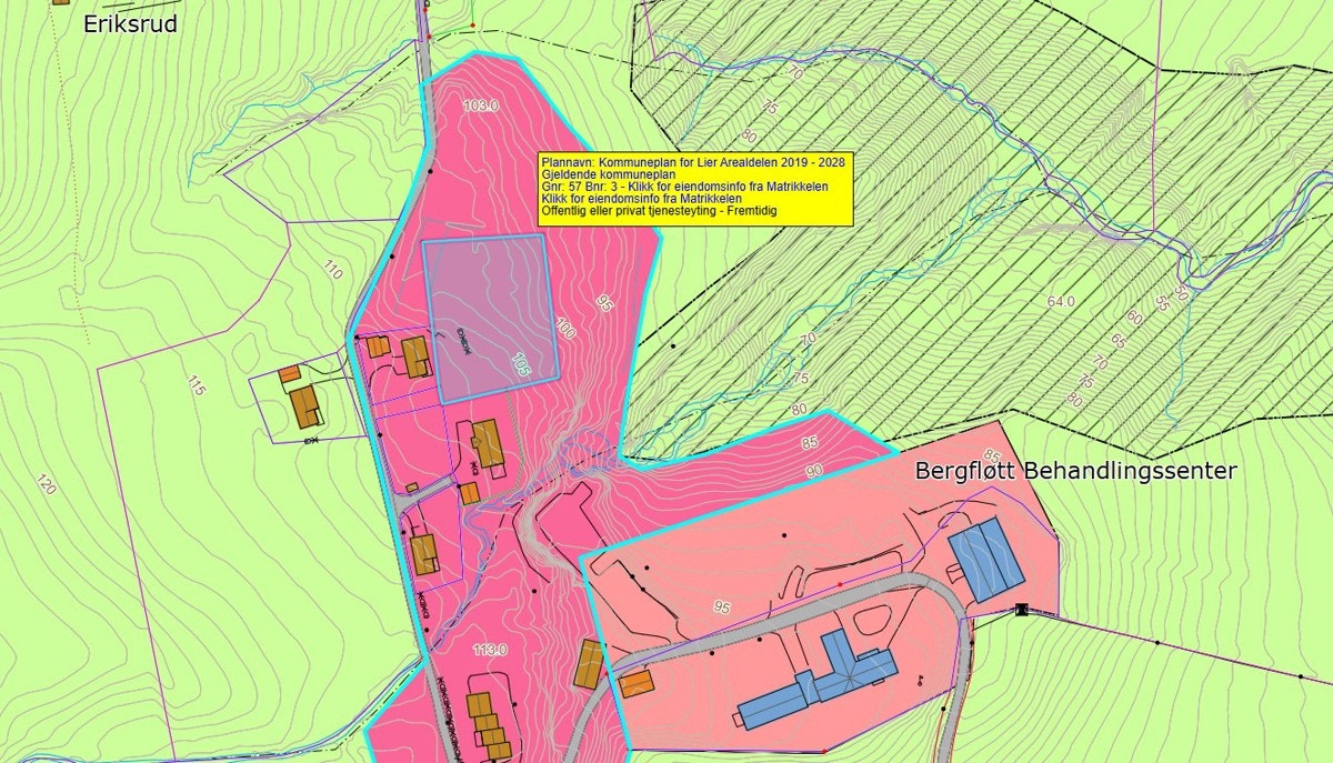 Kartutsnitt med fremtidig regulering. Tomten er ikke regulert p.t. Galleribilde