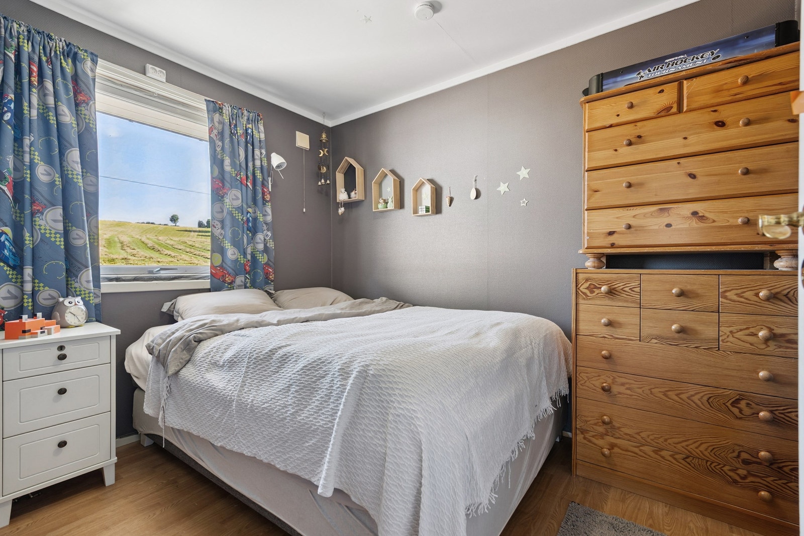 Lunt soverom med plass til seng og oppbevaringsmøbler. Galleribilde