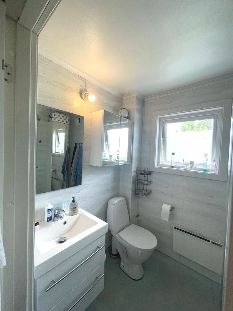 Bad med dusjhjørne og toalett. Galleribilde