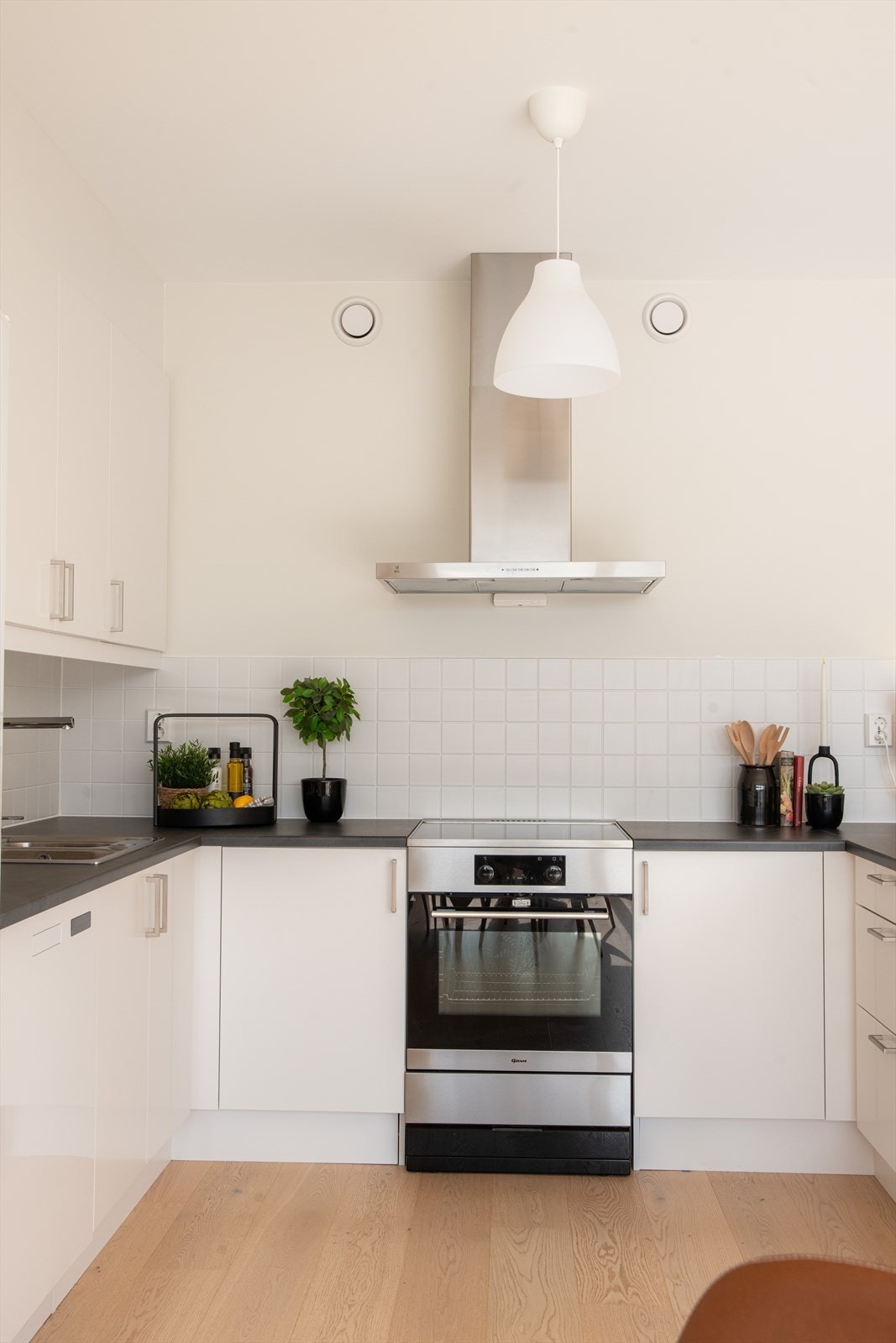 Det er godt med oppbevaringsplass i skuffer og skap, og det er avsatt plass til frittstående hvitevarer som oppvaskmaskin, komfyr og kjøl/fryseskap. Over kokesonen er det ventilator med kullfilter. Galleribilde