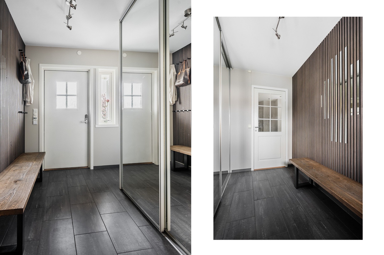 Flislagt entré med skyvedørsgarderobe for praktisk oppbevaring. Herfra er det direkte tilgang til separat toalett og videre inn i boligens første etasje. Galleribilde
