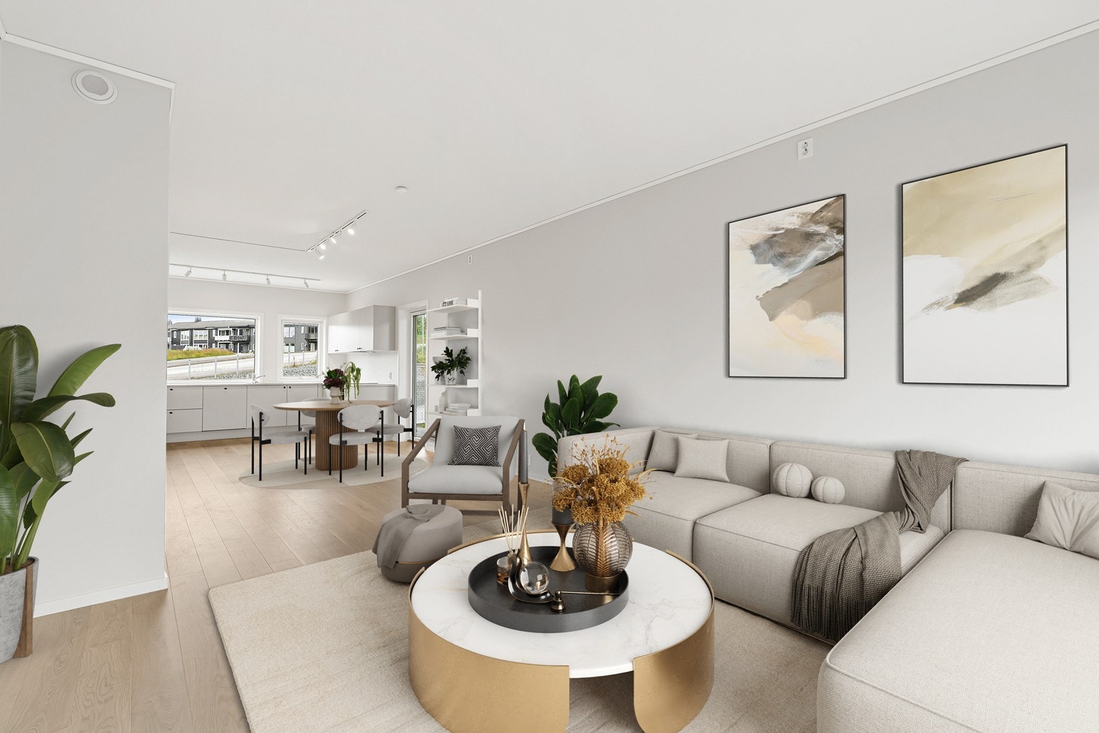 Leilighetene har en åpen stue/kjøkkenløsning. Illustrasjon. Galleribilde